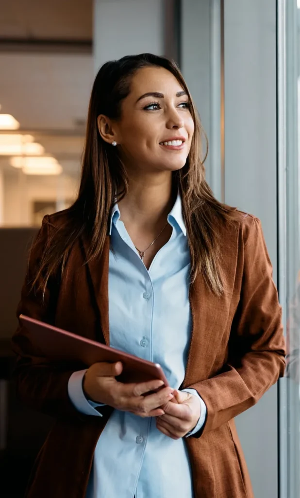 Femme d’affaires souriante, tablette à la main