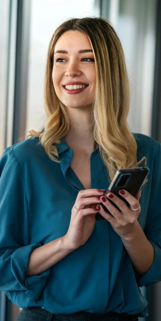 Candidate souriante consultant son smartphone